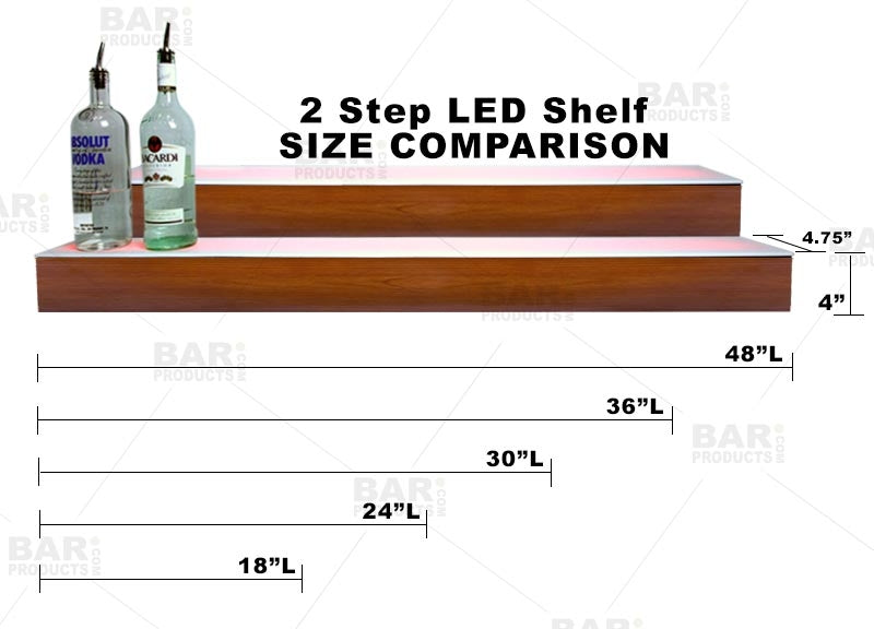 LED Liquor Bottle Display Shelf - 2 Steps - Wild Cherry - Several Lengths