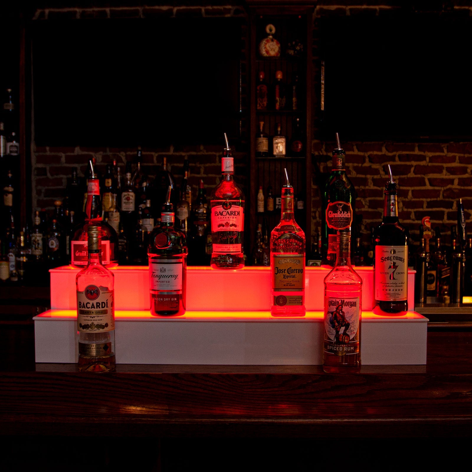 BarConic® LED Liquor Bottle Display Shelf - 2 Tier (Step) - White - Multi-Colored Lights