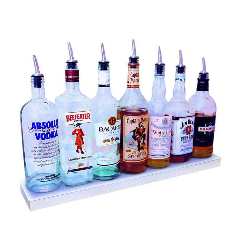 LED Liquor Bottle Display Shelf - Low Profile - 1 Step - Polished Mirrored Metal - Several Lengths