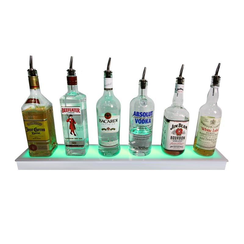 LED Liquor Bottle Display Shelf - Low Profile - 1 Step - Polished Mirrored Metal - Several Lengths