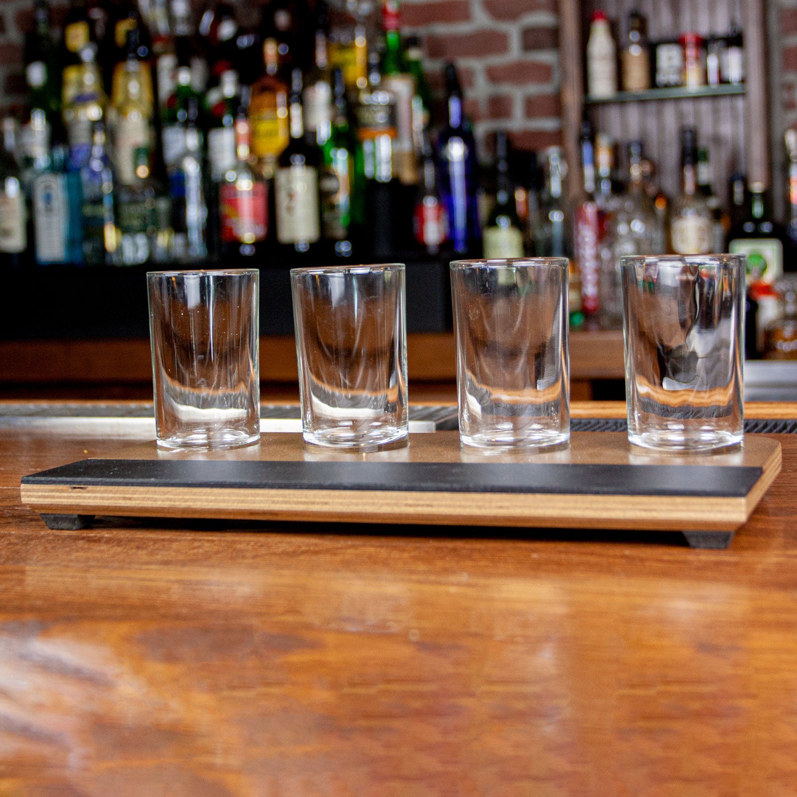 Beer Flight with Walnut Finish and Chalk Strip - Includes 5.5oz. Highball Glasses