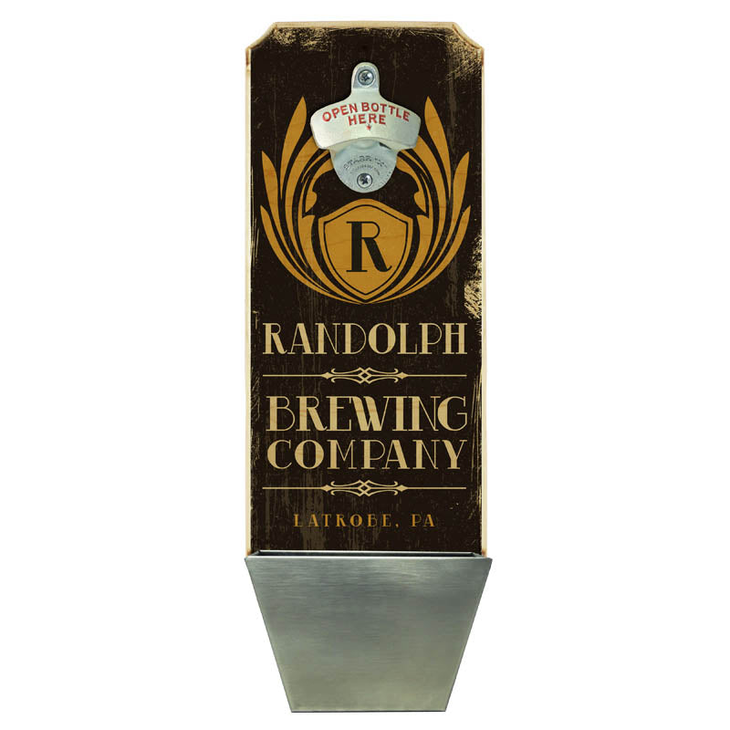 CUSTOMIZABLE Wall Mounted Wood Plaque Bottle Opener & Cap Catcher - Brewing Company