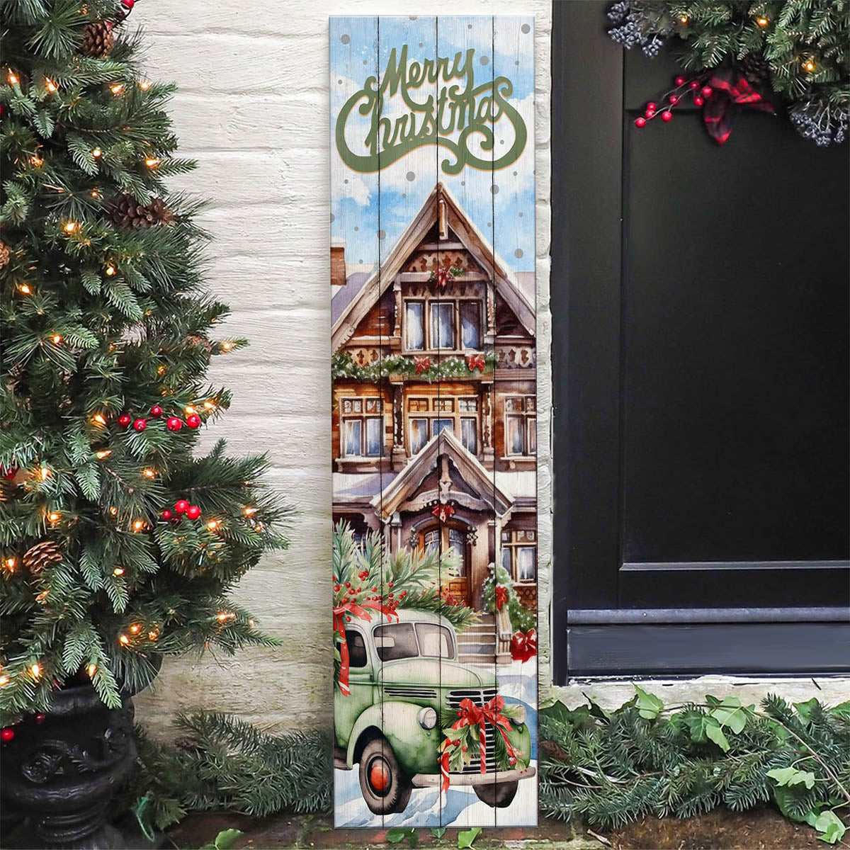 Christmas Themed Vertical Wood Plank Sign / Farmhouse Christmas / Front Porch Sign - 36" x 10"