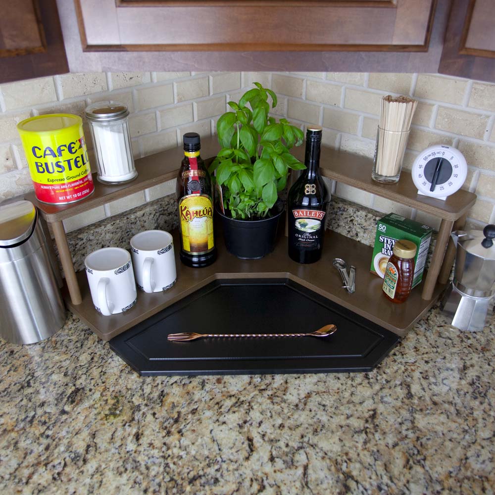 Counter Caddies™ - Walnut-Stained Corner Shelf - Barista Style - coffee mugs condiments supplies