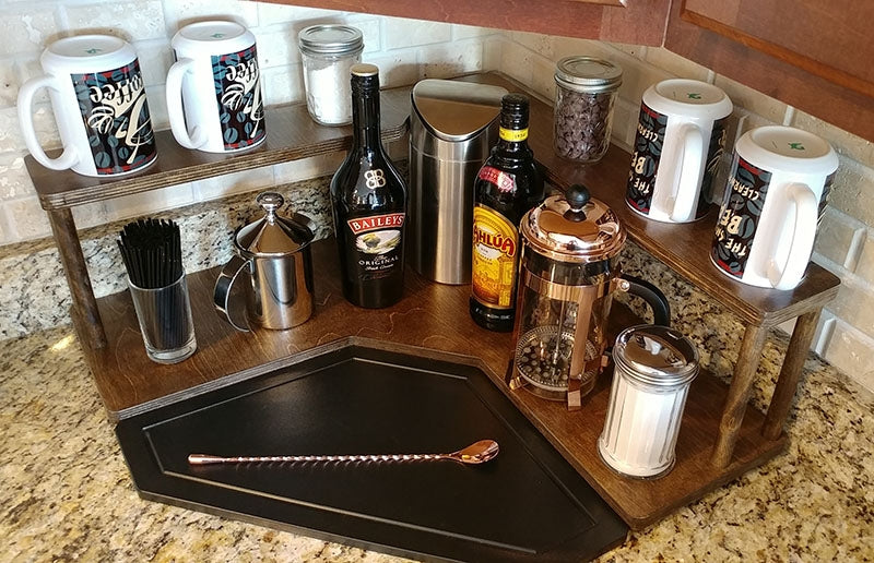 Counter Caddies™ - Walnut-Stained Corner Shelf - Barista Style w/ Trash Can Inset - coffee mugs condiments supplies