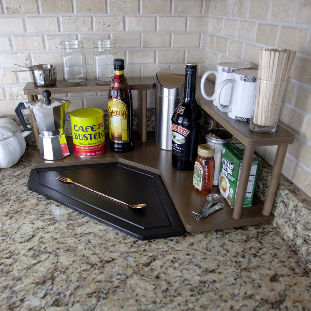 Counter Caddies™ - Walnut-Stained Corner Shelf - Barista Style w/ Trash Can Inset - coffee mugs condiments supplies