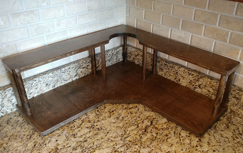 Counter Caddies™ - Walnut-Stained Corner Shelf - Barista Style w/ Trash Can Inset - empty