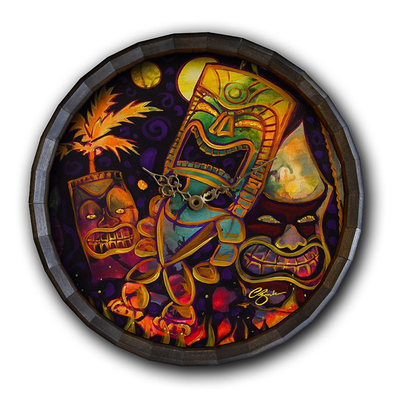 Tiki Fire Night Wood Barrel Top Sign/Clock