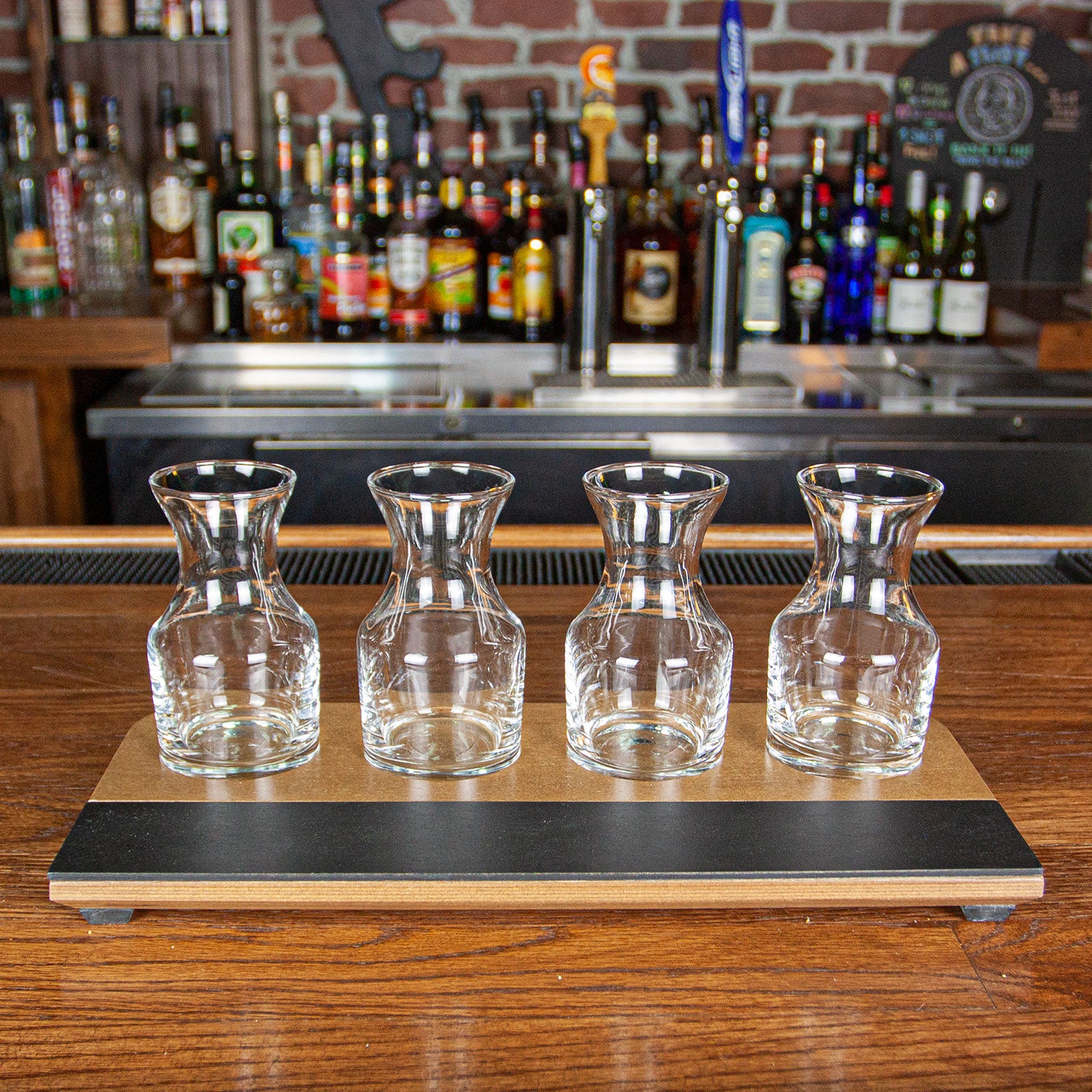 Wine Flight with Walnut Finish and Chalk Strip - Includes 7.5oz. Carafe Glasses