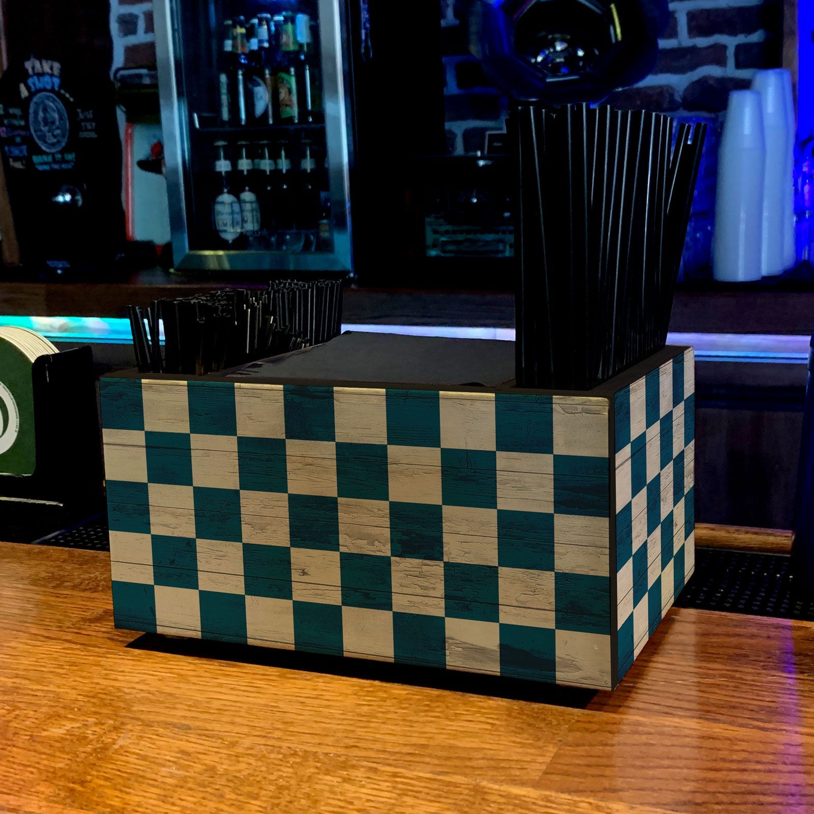Wooden Bar Caddy - Blue Checkerboard