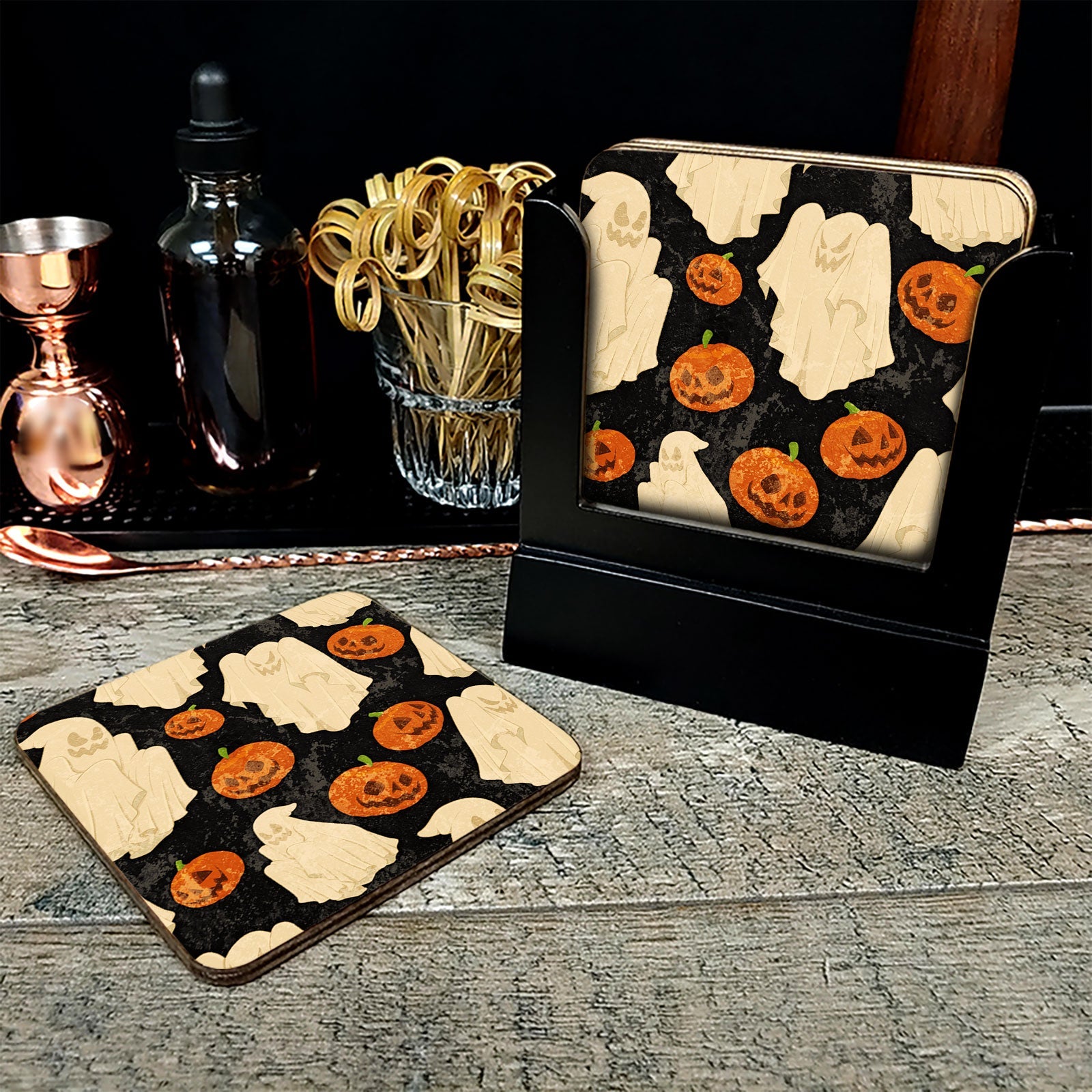 Wooden Coasters - Halloween Ghost Design