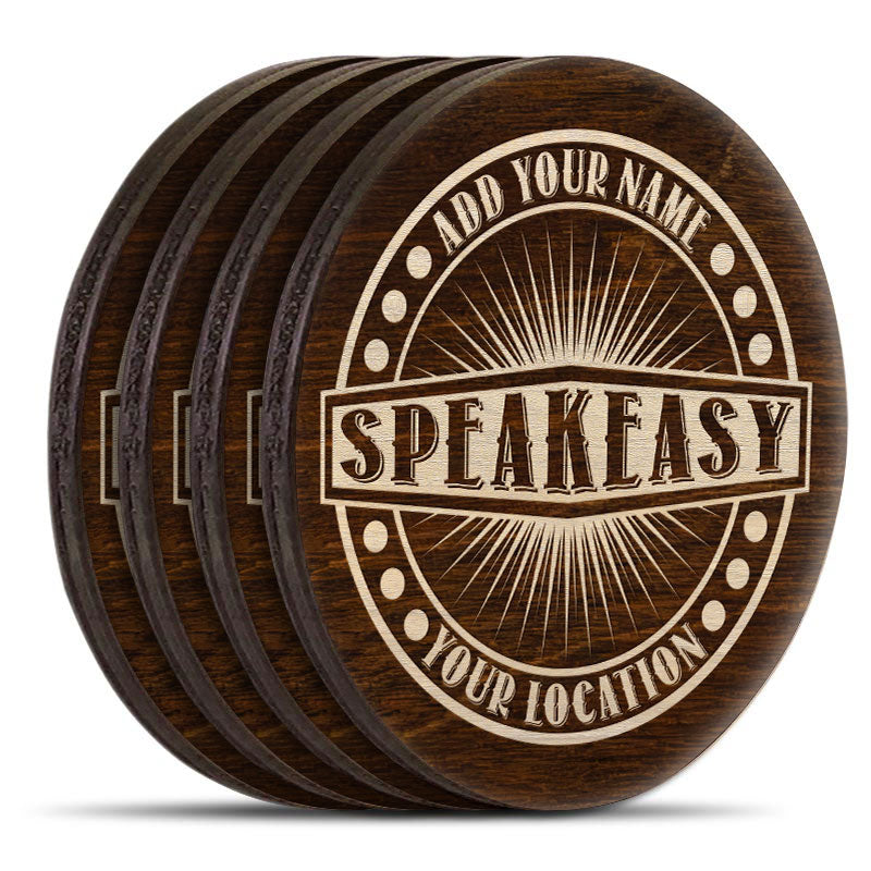 Wooden Round Coasters - Customizable Engraved - Speakeasy Theme - Set of 4