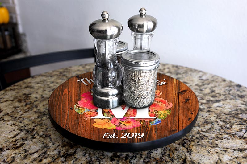 ADD YOUR NAME Lazy Susan - FLORAL WATERCOLOR - 3 Different Sizes - Table Top