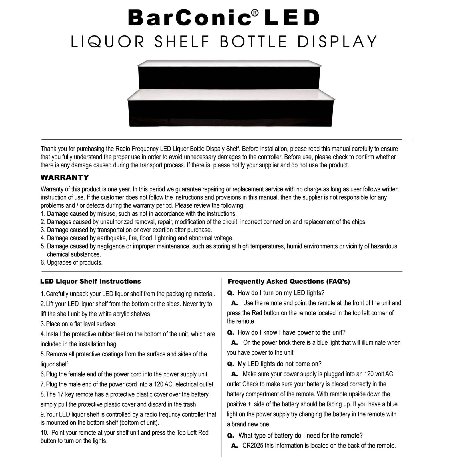 BarConic® LED Liquor Bottle Display Shelf - 3 Tier (Step) - White - Warranty