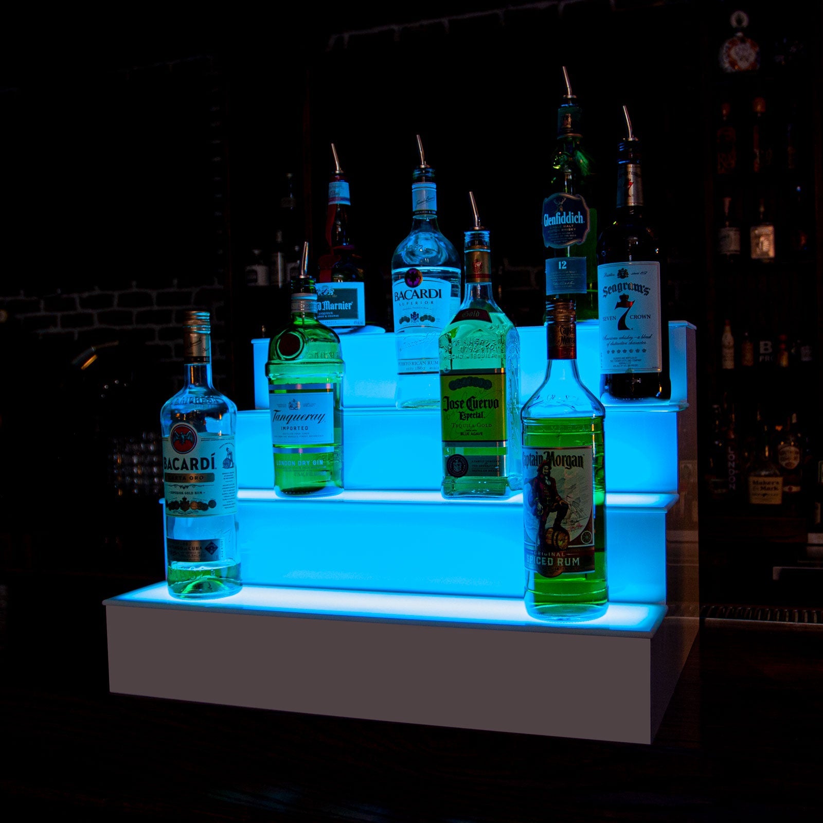 BarConic® LED Liquor Bottle Display Shelf - 4 Tier (Step) - White - Multi-Colored Lights