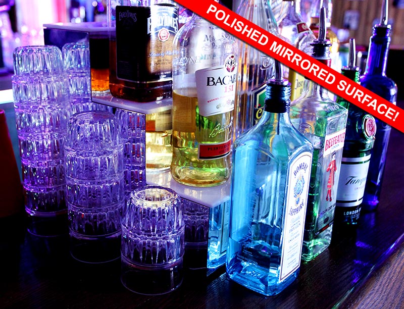LED Liquor Bottle Display Shelf - Low Profile - 1 Step - Polished Mirrored Metal - Several Lengths