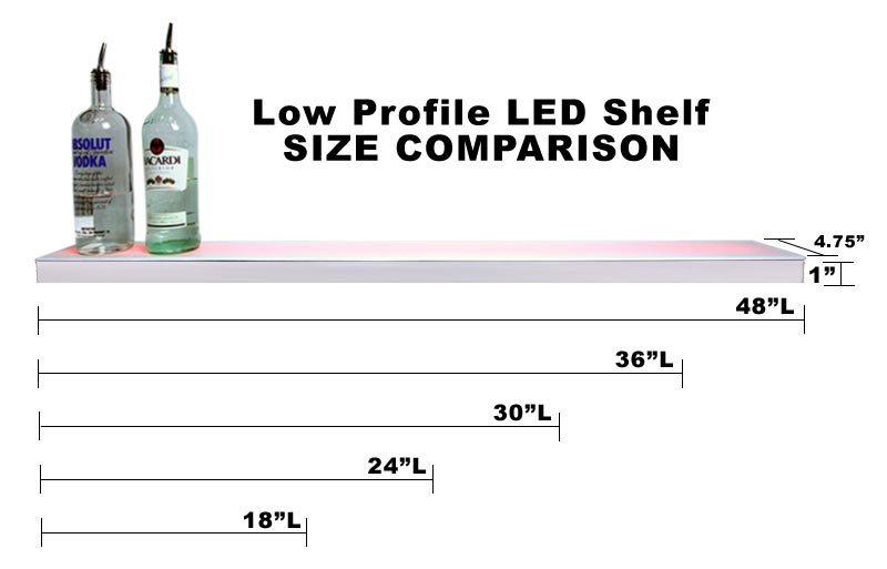 LED Liquor Bottle Display Shelf - Low Profile - 1 Step - Polished Mirrored Metal - Several Lengths