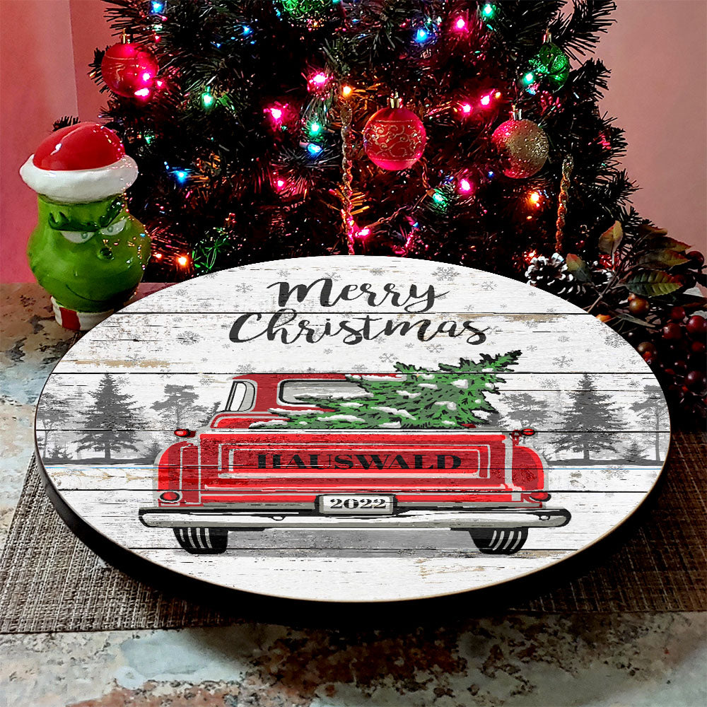 CUSTOMIZABLE Vintage Red Truck Christmas Themed Lazy Susan - Size Options