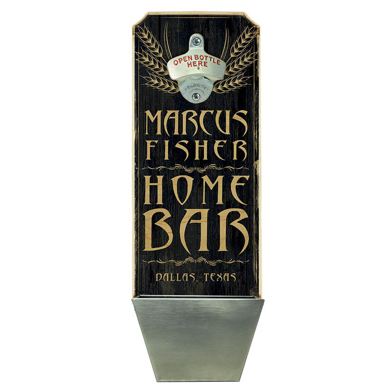 CUSTOMIZABLE Wall Mounted Wood Plaque Bottle Opener & Cap Catcher - Home Bar