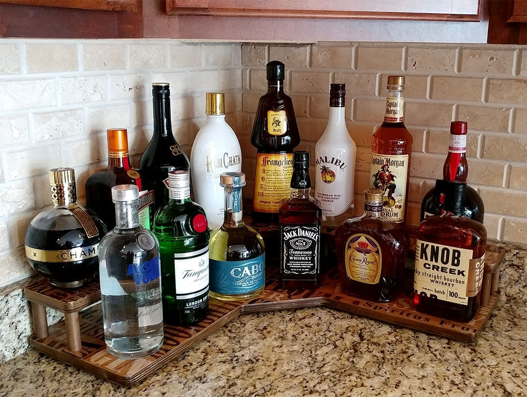 Counter Caddies™ - "LIQUOR" Themed Artwork - Corner Shelf - bottles alcohol spirits