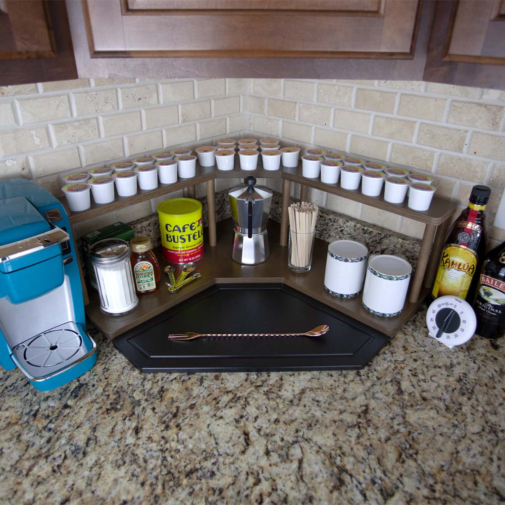 Counter Caddies™ - Walnut-Stained Corner Shelf - Barista Style w/ K-CUP Holes - coffee mugs supplies condiments