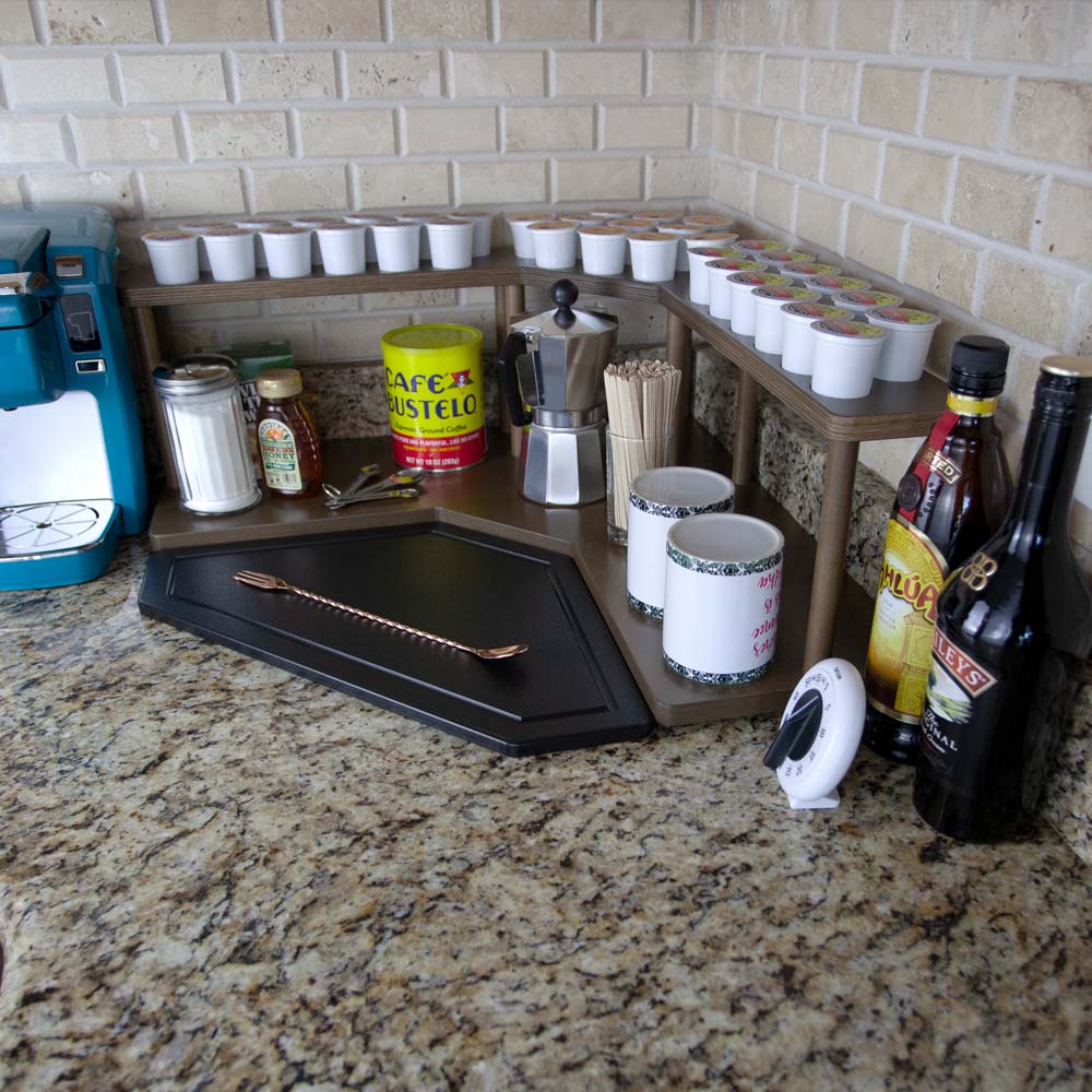 Counter Caddies™ - Walnut-Stained Corner Shelf - Barista Style w/ K-CUP Holes - coffee mugs supplies condiments