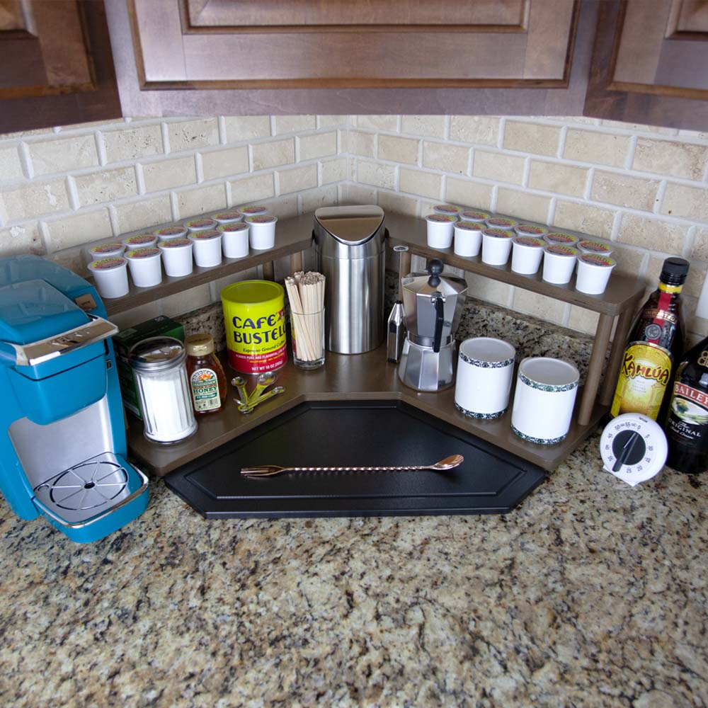Counter Caddies™ - Walnut-Stained Corner Shelf - Barista Style w/ K-CUP Holes & Trash Can Inset - coffee mugs condiments supplies