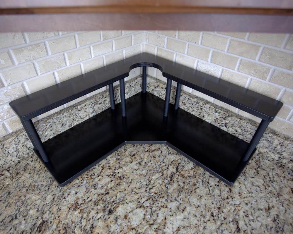 Counter Caddies™ - Walnut-Stained Corner Shelf - Barista Style w/ Trash Can Inset - Available in Black - empty