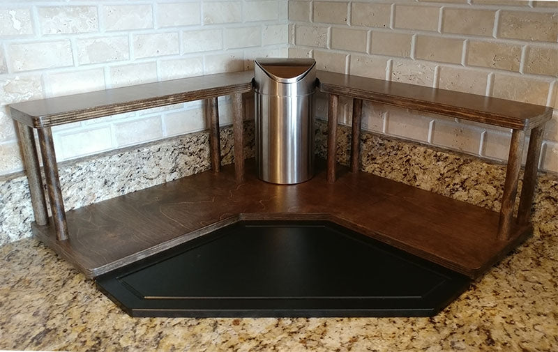 Counter Caddies™ - Walnut-Stained Corner Shelf - Barista Style w/ Trash Can Inset - cutting board garbage 9" tall 4.5" diameter