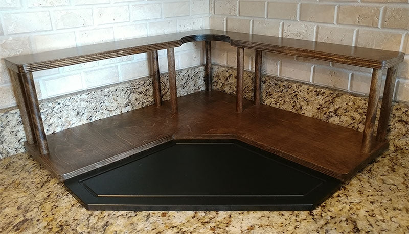 Counter Caddies™ - Walnut-Stained Corner Shelf - Barista Style w/ Trash Can Inset - cutting board