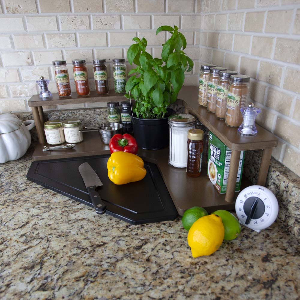 Counter Caddies™ - Walnut-Stained Corner Shelf - Culinary Style - herbs spices ingredients