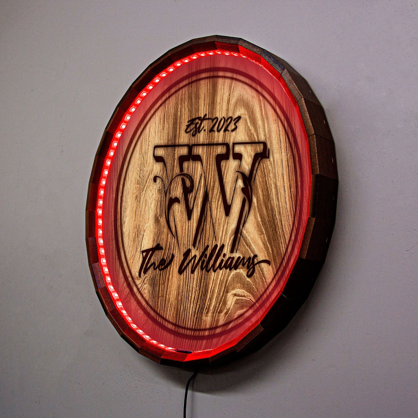 Custom LED Wood Barrel Top Sign - Family Monogram
