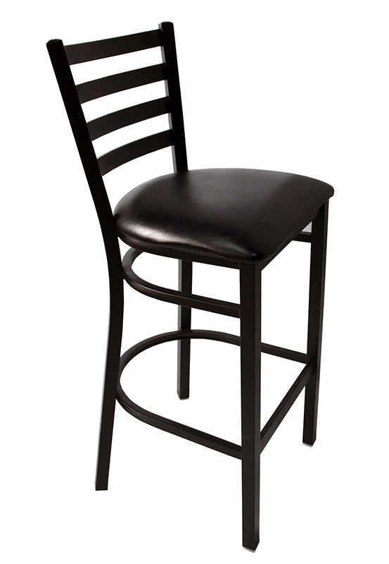 <a href="http://www.barproducts.com/ladder-back-metal-bar-stool-black-vinyl">Ladder Back Metal Bar Stool - Black Vinyl Seat</a>