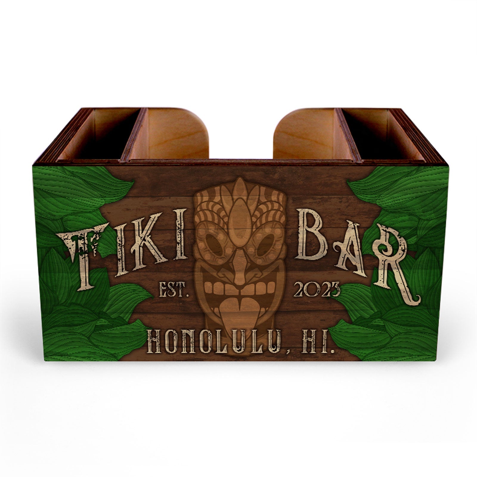 Customizable Wooden Bar Caddy - Tiki Leaves
