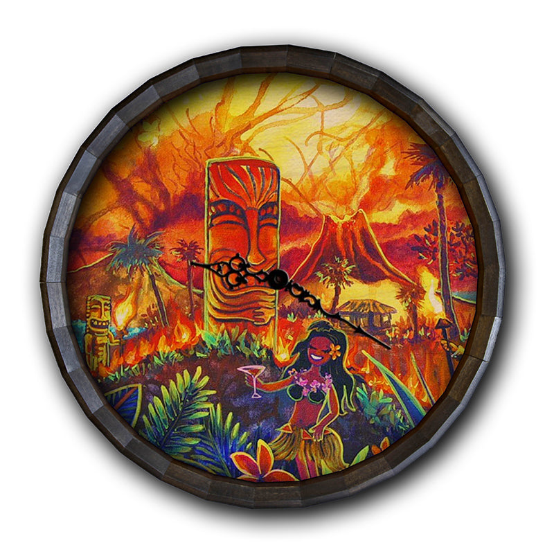 Lucky Tiki Wood Barrel Top Sign/Clock