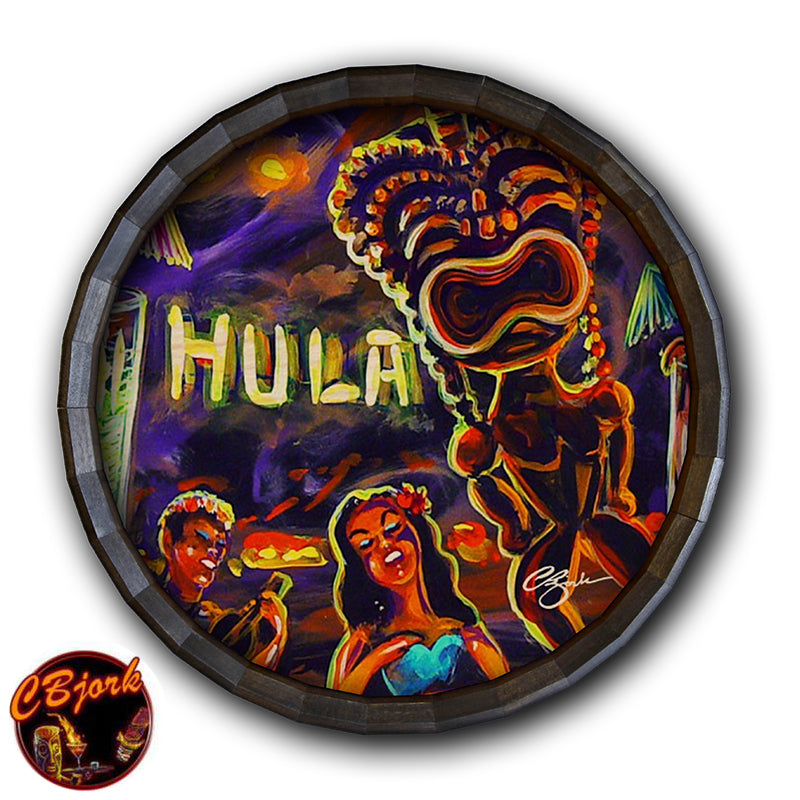 Vintage Hula Bar Wood Barrel Top Sign/Clock