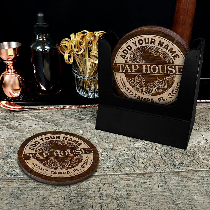 Wooden Round Coasters - Customizable Engraved - Tap House Theme - Set of 4