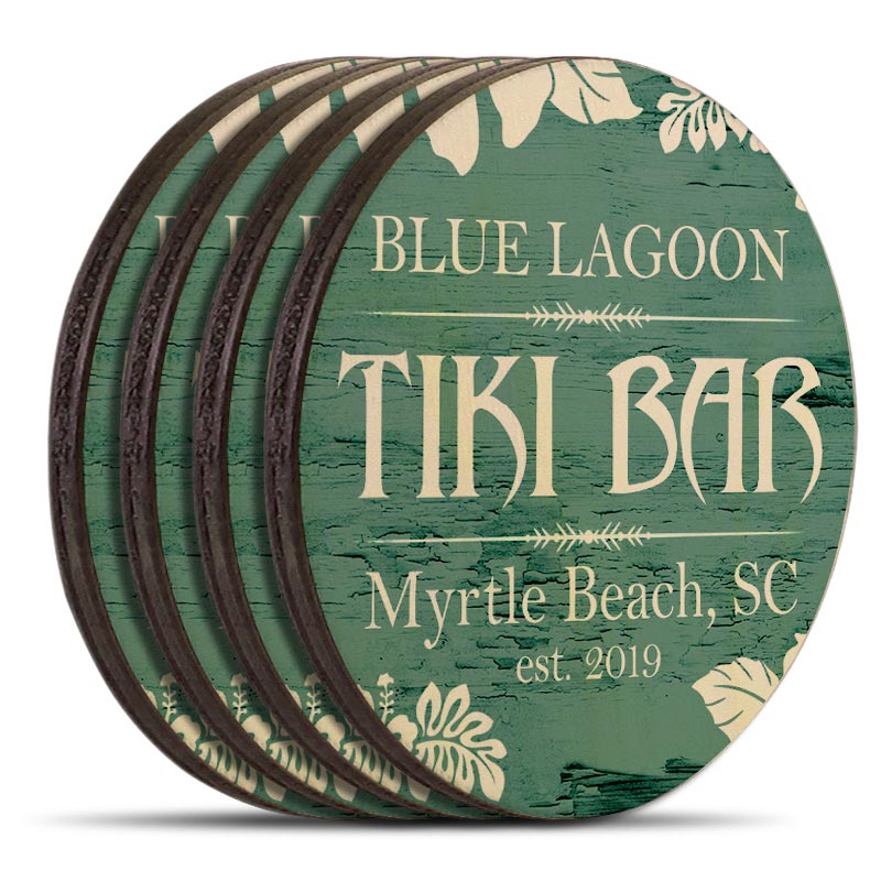Wooden Round Coasters - Customizable - Tiki Theme - Set of 4